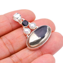 StarGems  Natural Apache Gold Stone Black Onyx And River PearlHandmade 925 Sterling Silver Pendant 1.5" F3639