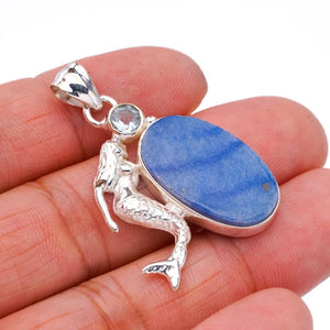 StarGems  Natural Sodalite Blue Topaz MermaidHandmade 925 Sterling Silver Pendant 1.5" F4990