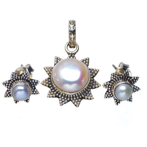 StarGems  Natural River Pearl Handmade Unique 925 Sterling Silver Jewelry Set Pendant 1.25" Stud 0.5" A3697