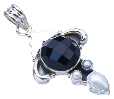 StarGems® Natural Black Onyx River Pearl Handmade 925 Sterling Silver Pendant 1.75