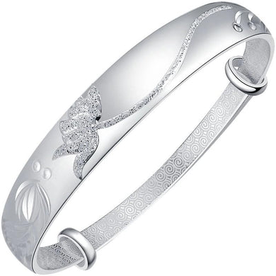 StarGems  Adjustable Goldfish&lotus Handmade 999 Sterling Silver Bangle Bracelet For Women Cb0237