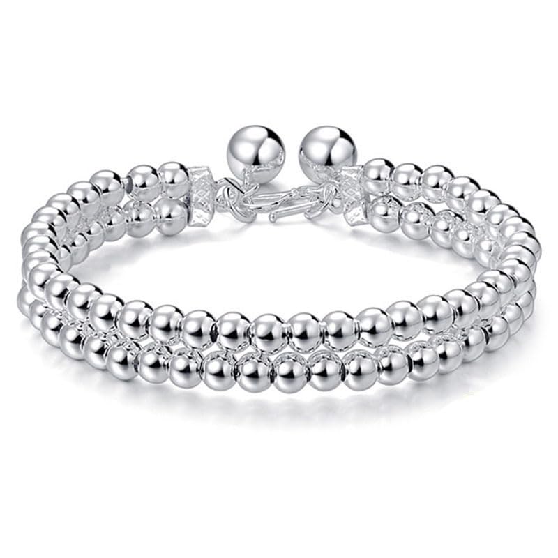 StarGems  Fixed Double-row Beads Handmade 999 Sterling Silver Bangle Bracelet For Women Cb0246