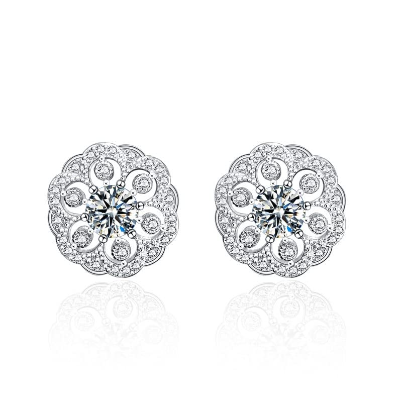 StarGems  0.5ct Moissanite 925 Silver Platinum Plated Hollow-out Flower Stud B4649