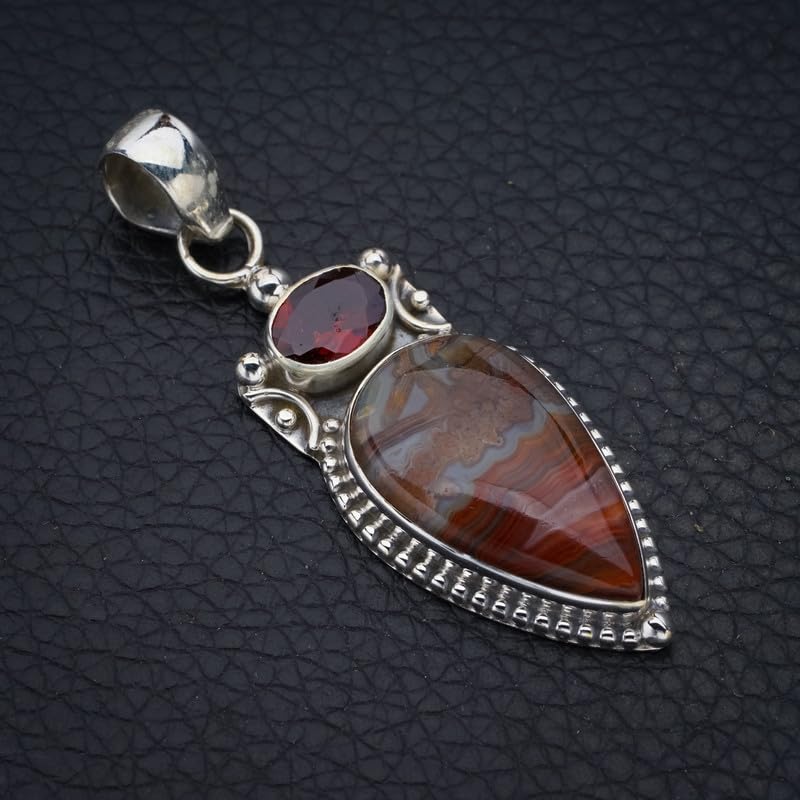 StarGems  Natural Crazy Lace Agate Garnet Handmade 925 Sterling Silver Pendant 2