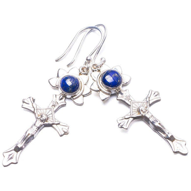 StarGems® Natural Lapis Lazuli Handmade Unique Cross Shape 925 Sterling Silver Earrings 2
