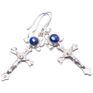 StarGems® Natural Lapis Lazuli Handmade Unique Cross Shape 925 Sterling Silver Earrings 2" Y3846
