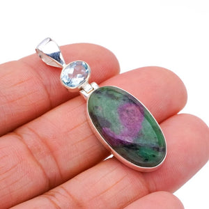 StarGems® Natural Ruby Zoisite Blue TopazHandmade 925 Sterling Silver Pendant 1.75" F4617