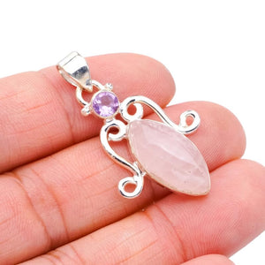 StarGems  Natural Rose Quartz Amethyst Handmade 925 Sterling Silver Pendant 1.5" F5289