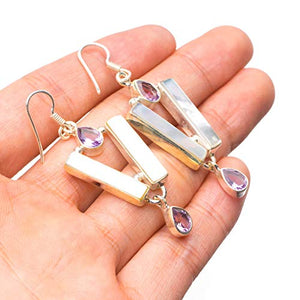 StarGems® Natural Mother Of Pearl and Amethyst Handmade Vintage 925 Sterling Silver Earrings 2" T3840