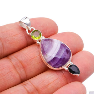 StarGems  Natural Chevron Amethyst Peridot And Black Onyx Handmade 925 Sterling Silver Pendant 2" F4063