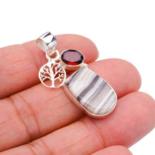 StarGems  Natural Zebra Calcite Garnet Tree Handmade 925 Sterling Silver Pendant 1.5" F4582