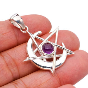 StarGems  Natural Amethyst Star And MoonHandmade 925 Sterling Silver Pendant 1.5" F5351