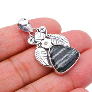 StarGems  Natural Seraphinite Leaf And Flower Handmade 925 Sterling Silver Pendant 1.5" F4303