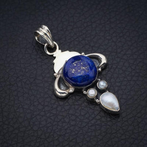 StarGems  Natural Lapis Lazuli River Pearl OxHandmade 925 Sterling Silver Pendant 1.75" F5412