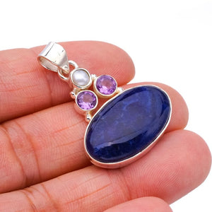 StarGems  Natural Sodalite River Pearl And Amethyst Handmade 925 Sterling Silver Pendant 1.5" F5202