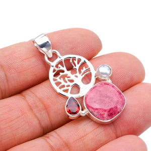 StarGems  Natural Pink Thulite River Pearl And Garnet TreeHandmade 925 Sterling Silver Pendant 1.5" F4198