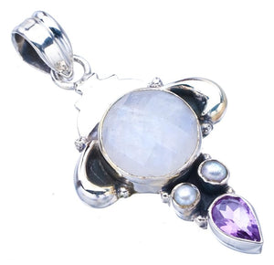 StarGems  Natural Moonstone Amethyst Handmade 925 Sterling Silver Pendant 1.75" F5009