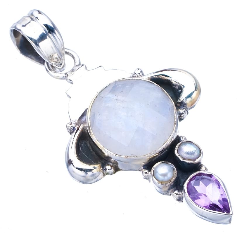 StarGems  Natural Moonstone Amethyst Handmade 925 Sterling Silver Pendant 1.75