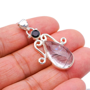 StarGems  Natural Rutilated Quartz Black Onyx Handmade 925 Sterling Silver Pendant 1.75" F3927