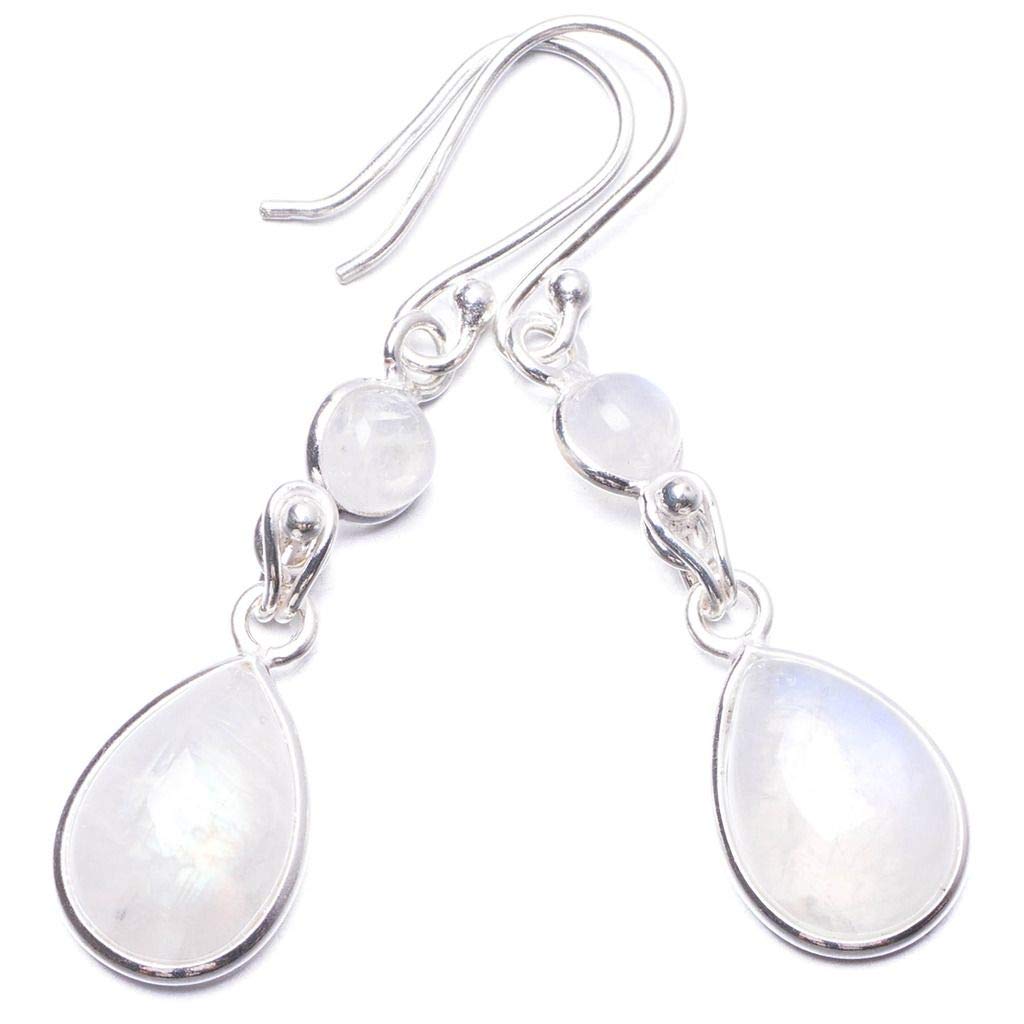 StarGems  Natural Rainbow Moonstone Handmade Unique 925 Sterling Silver Earrings 1.75