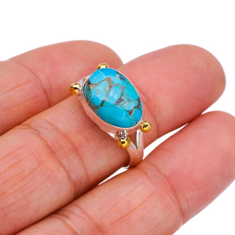 StarGems  Natural Copper Turquoise Two TonesHandmade 925 Sterling Silver Ring 8.75 F2210