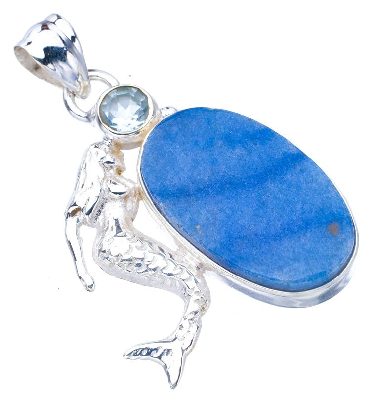 StarGems  Natural Sodalite Blue Topaz MermaidHandmade 925 Sterling Silver Pendant 1.5