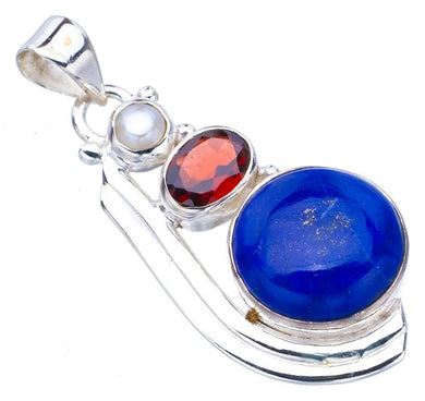 StarGems  Natural Lapis Lazuli Garnet And River Pearl Handmade 925 Sterling Silver Pendant 1.75