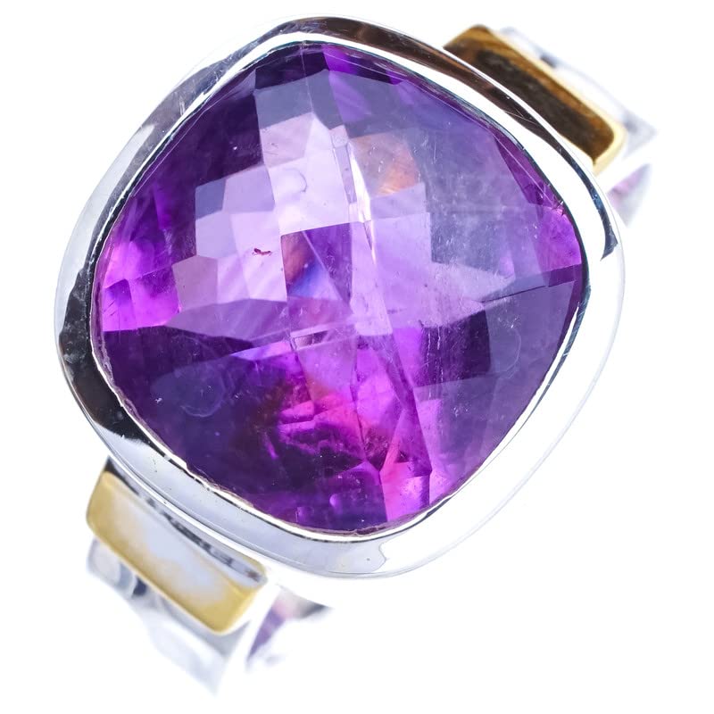 StarGems® Natural Amethyst Two Tones Handmade 925 Sterling Silver Ring 7 E9294