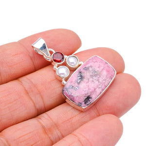 StarGems  Natural Rhodonite Garnet And River Pearl Handmade 925 Sterling Silver Pendant 1.5" F3595