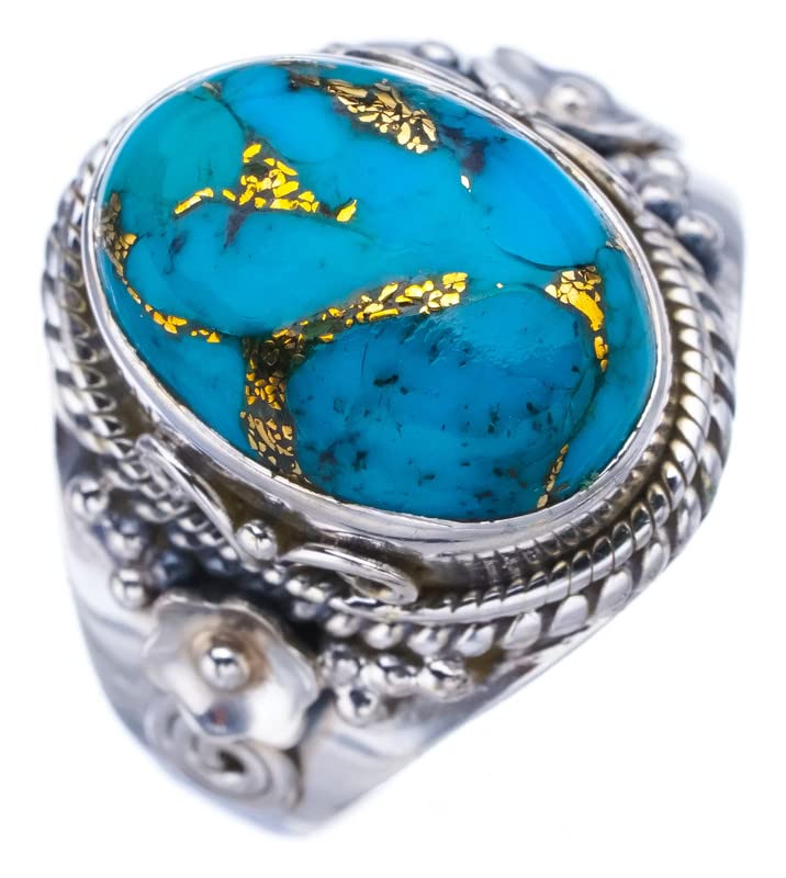 StarGems  Natural Copper Turquoise Flower Handmade 925 Sterling Silver Ring 8.25 F3192