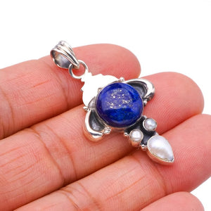 StarGems  Natural Lapis Lazuli River Pearl OxHandmade 925 Sterling Silver Pendant 1.75" F5412