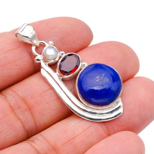 StarGems  Natural Lapis Lazuli Garnet And River Pearl Handmade 925 Sterling Silver Pendant 1.75" F5385