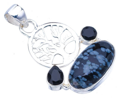 StarGems® Natural Snowflake Obsidian Black Onyx TreeHandmade 925 Sterling Silver Pendant 1.5