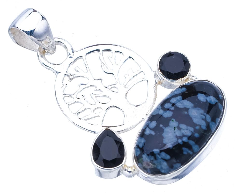 StarGems® Natural Snowflake Obsidian Black Onyx TreeHandmade 925 Sterling Silver Pendant 1.5