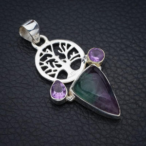 StarGems  Natural Fluorite Amethyst TreeHandmade 925 Sterling Silver Pendant 1.75" F4487