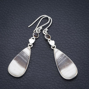 StarGems  Natural Zebra Calcite Smoky Quartz HeartHandmade 925 Sterling Silver Earrings 2.25" F5504