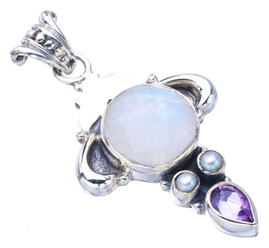 StarGems  Natural Moonstone Amethyst And River Pearl Handmade 925 Sterling Silver Pendant 1.75