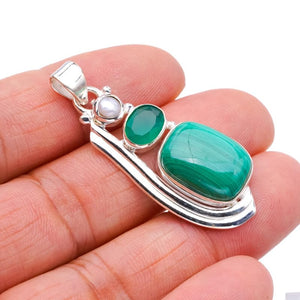 StarGems  Natural Malachite Chrysoprase And River Pearl Handmade 925 Sterling Silver Pendant 1.75" F4113