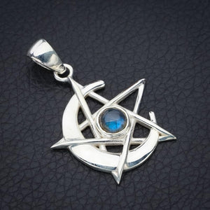 StarGems  Natural Blue Fire Labradorite Star And Moon Handmade 925 Sterling Silver Pendant 1.5" F5241