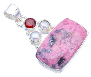 StarGems  Natural Rhodonite Garnet And River Pearl Handmade 925 Sterling Silver Pendant 1.5" F3595