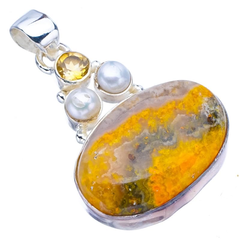 StarGems  Natural Bumble Bee Jasper Citrine And River Pearl Handmade 925 Sterling Silver Pendant 1.5