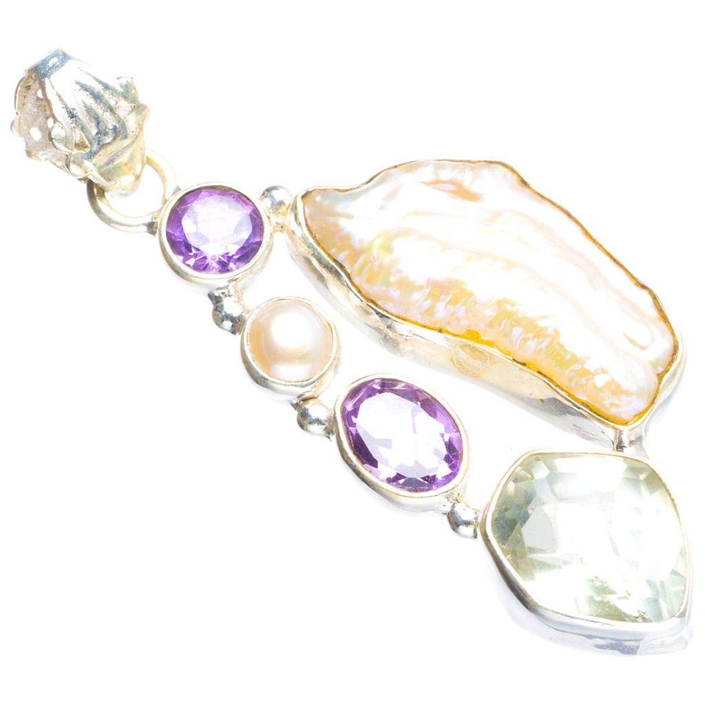 StarGems  Natural Biwa Pearl, Green Amethyst,Amethyst and River Pearl 925 Sterling Silver Pendant 2