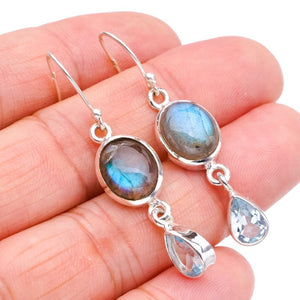 StarGems  Natural Labradorite Blue TopazHandmade 925 Sterling Silver Earrings 1.75" F5785