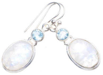 StarGems  Natural Rainbow Moonstone and Blue Topaz Handmade Unique 925 Sterling Silver Earrings 1.5