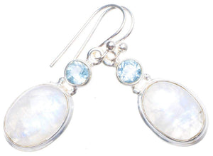 StarGems  Natural Rainbow Moonstone and Blue Topaz Handmade Unique 925 Sterling Silver Earrings 1.5" X4793