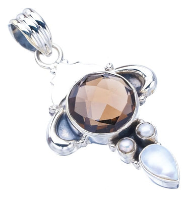 StarGems  Natural Smoky Quartz River Pearl OxHandmade 925 Sterling Silver Pendant 1.75