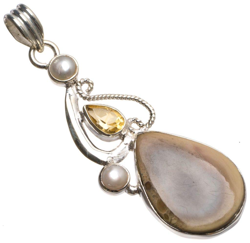 StarGems® Natural Imperial Jasper,Citrine and River Pearl Unique Heart Shape 925 Sterling Silver Pendant 2 1/4