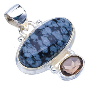 StarGems  Natural Snowflake Obsidian Smoky QuartzHandmade 925 Sterling Silver Pendant 1.25" F4496