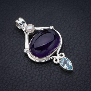 StarGems  Natural Amethyst Blue Topaz And River Pearl Handmade 925 Sterling Silver Pendant 1.75" F5304