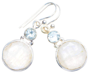 StarGems  Natural Rainbow Moonstone and Blue Topaz Handmade Unique 925 Sterling Silver Earrings 1.25" X4626